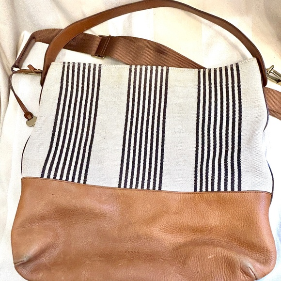 ππ» Fossil Maya Tote Shoulder Bag Leather and Canvas - Picture 2 of 14